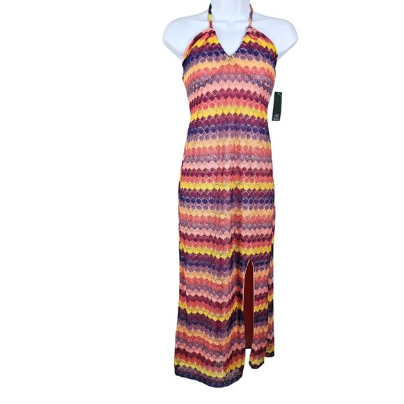 Wild Fable Womens Multicolor Halter Maxi Dress XS Back Tie Boho Crocheted Lined - Picture 3 of 11